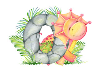 cute dinosaur, letter, O, stone, tropical plants. Watercolor clipart on an isolated background, in cartoon style