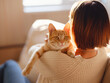 © Seleznov_Molchanova - Young asian woman wears warm sweater resting with tabby cat on sofa at home one autumn day. Indoor shot of amazing lady holding ginger pet. Morning sleep time at home. Soft focus.