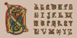 Medieval initials alphabet made of twisted beast, lions, birds and spiral pattern.