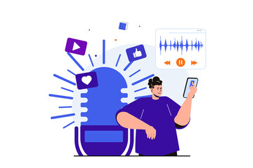 Aufkleber - Podcast streaming modern flat concept for web banner design. Man listening to live broadcast or music using audio player application on mobile phone. Illustration with isolated people scene