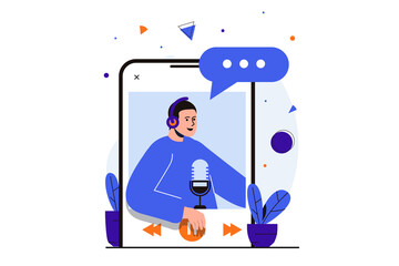 Aufkleber - Podcast streaming modern flat concept for web banner design. Man is broadcasting live, talking into microphone. Listening to audio podcasts in app. Illustration with isolated people scene
