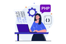 Programmer Working Modern Flat Concept For Web Banner Design. Female Developer Works On Laptop And Programs In Php And Other Programming Languages. Illustration With Isolated People Scene