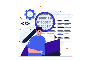 Programmer working modern flat concept for web banner design. Male developer analyzes and optimizes code, configures software and working on laptop. Illustration with isolated people scene