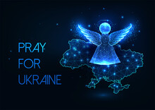 Futuristic Pray For Ukraine Concept With Glowing Low Polygonal Angel And Ukraine Map On Dark Blue 