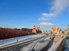 Red Square In Winter Time. Police Officers On Their Duty At Red Square, Moscow. St. Basil's Cathedral And The Kremlin Tower