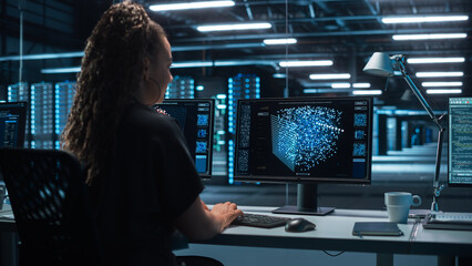 Poster - Female Software Engineer Working in a Modern Monitoring Office with Green Screen Mock Up on a Computer. Monitoring Room Big Data Scientist and Manager Sit in Front of Display.