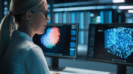 Wall Mural - Caucasian Female IT Specialist Working on Green Screen Chroma Key Computer at High-Tech Data Center Server. Monitoring Web Services, Cloud Computing, Analytics Facility, Maintenance of Cyber Security