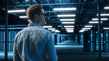 Fototapete - Portrait of IT Specialist Uses Laptop in Data Center. Server Farm Cloud Computing Facility with Male Maintenance Administrator Working. Cyber Security and Network Protection