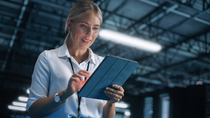 Poster - Blonde IT Specialist Using Tablet Computer in Data Center, Walking on a Bridge Overlooking Big Server Farm Cloud Computing Facility. Businesswoman, e-Business Entrepreneur