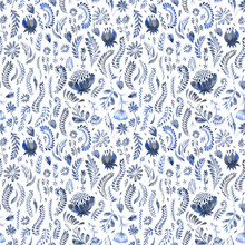 Blue Colored Watercolor Floral Seamless Pattern In Ukrainian Folk Painting Style Petrykivka. Fantasy Flowers, Leaves, Herbs Isolated On A White Background. Batik, Page Fill, Album Cover, Poster, Texti