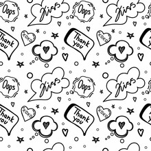 A Seamless Pattern Of Speech Bubbles With Dialog Words, Hand-drawn Doodle-style Elements. Hello, Love, Sorry, Love, Kiss, Bye. Vector Illustration.