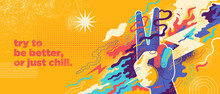 Abstract Lifestyle Illustration With Peace Sign Hand Gesture And Colorful Splashing Shapes. Vector Illustration.