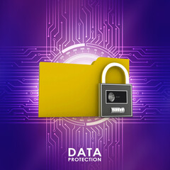 Poster - Yellow folder and lock. Data security concept. 3D rendering
