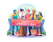 Labor workers in different Professions standing together hold a banner sign saying happy labor day. Flat style vector illustration