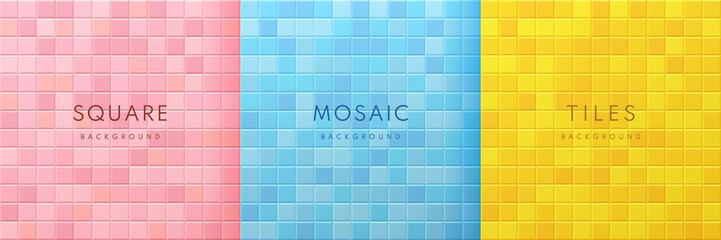 Wall Mural - set of pink, blue and yellow 3d square tile mosaic pattern design. geometric background with space f