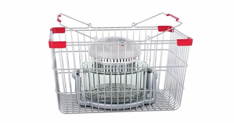 Poster - Fan-assisted oven adding to shopping basket, 3d animation. 3D rendering isolated on white background