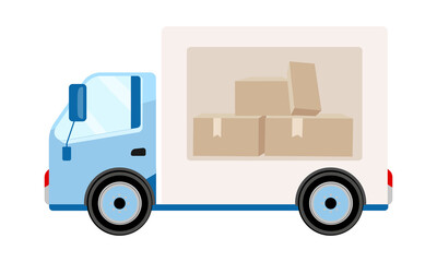 Poster - Vehicle for packages delivery semi flat color vector object. Boxes transportation. Full sized item on white. Freight shipping simple cartoon style illustration for web graphic design and animation