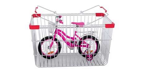 Poster - Kids bicycle adding to shopping basket, 3d animation. 3D rendering isolated on white background