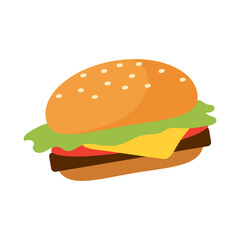 Poster - Delicious hamburger semi flat color vector object. Fast food restaurant. Full sized item on white. Homemade cheeseburger simple cartoon style illustration for web graphic design and animation