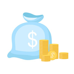 Poster - Blue bag with money semi flat color vector object. Full sized item on white. Wealth and status. Transporting and storage coins simple cartoon style illustration for web graphic design and animation