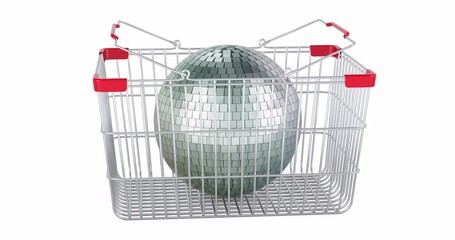 Poster - Mirror disco ball adding to shopping basket, 3d animation. 3D rendering isolated on white background