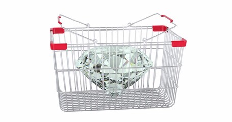 Poster - Diamond adding to shopping basket, 3d animation. 3D rendering isolated on white background