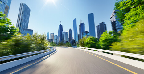 Wall Mural - Highway overpass motion blur with cityscape skyline