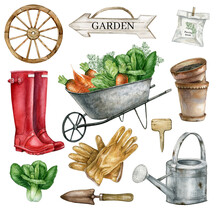 Watercolor Garden Tools, Country Farm Gardening, Farmhouse Decor Clipart,flower, Vintage Rusty Element, Watering Can, Red Rubber,wheelbarrow With Vegetables, Flower Pots. 