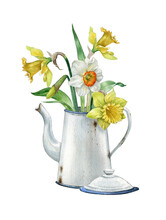 Watercolor Spring Flowers,daffodil Bouquet In White Vase, Rustic Easter Flower,mother's Day Postcard.