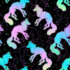 Wall Mural - seamless mystical pattern with holographic foxes and stars