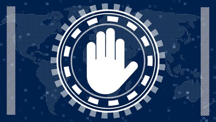 Poster - Hand sign STOP in center of various graphic elements on background off blurred squares and world map - 3D illustration