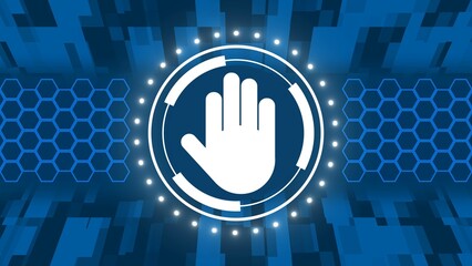 Poster - Hand sign STOP in center of various graphic elements on background off squares - 3D illustration