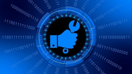 Poster - Hand with wrench centered in rays of binary code around HUD elements in blue design - symbolic of installwork - 3D illustration