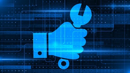 Poster - Hand with wrench in blue design on graphic elements over blocks of binary code arranged as a square grid - 3D illustration