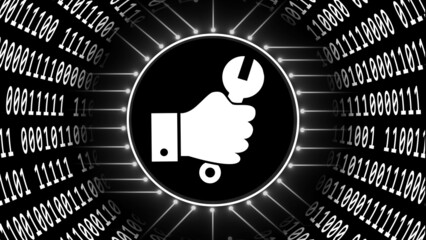 Poster - Hand with wrench in center of abstract futuristic background of data flow - binary code arranged in cylinder shape - 3d Illustration