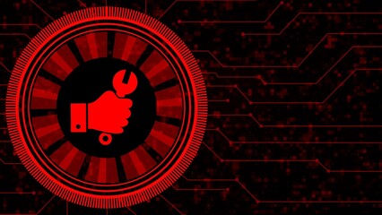 Poster - Hand with wrench in center of various graphic elements on digital technology background - 3D illustration