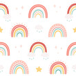 Abstract rainbow with clouds and stars seamless pattern. Design for fabric, textile, wrapping paper, nursery. Vector illustration