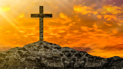 Wall Mural - Easter or Religion background banner panorama religious greeting card - Old ruine stone wall and cross in the sunset, with orange glowing sky