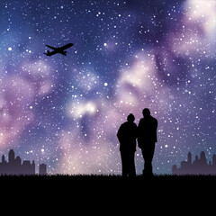Sticker - Old people and aircraft at night. Seniors outline at park. Milky Way
