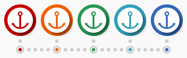 Poster - Anchor, boat, ship concept vector icon set, flat design colorful buttons, infographic template in 5 color options