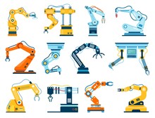 Industrial Robot Arm Manipulators, Industrial Robotic Hand Machines. Factory Automated Arms Robots, Assembly Line Machinery Vector Set. Innovative Equipment For Production Or Manufacturing
