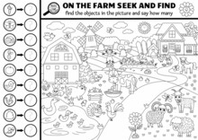 Vector Black And White Farm Searching Game With Rural Countryside Landscape. Spot Hidden Objects, Say How Many. Simple On The Farm Seek And Find And Counting Activity Or Coloring Page.