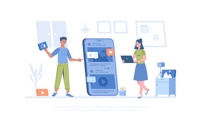 Wall Mural - Blogging. Regular publication of photos, videos, text materials. Blog content posting. Cartoon modern flat vector illustration for banner, website design, landing page.