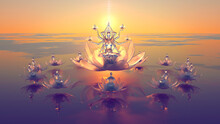 3d Illustration Of 4 Demiurges In The Hands Of God Surrounded By Demigods Meditating Sitting In A Lotus
