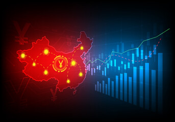 Wall Mural - yuan money digital on china map on dark background. currency bitcoin technology electronic future. foreign investment finance. vector illustration fantastic digial design.