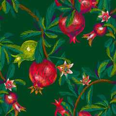 Tropical background. Exotic fruits on the branches. Pomegranate tree. Botanical seamless pattern. Embroidery texture. Vintage design for textile, fabric, wallpaper and wrapping.