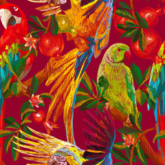 Tropical background. Exotic birds and fruits on the branches. Pomegranate tree and parrots. Colorful animals seamless pattern. Embroidery texture. Fashion design for textile, fabric and wallpaper.