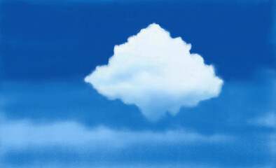 painterly illustration of single cloud on blue sky. one white cloud among sky. pictorial art.