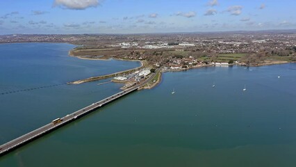 Poster - Langstone Bridge over Langstone Harbour towards the Sailing Club on the waterfront of the harbour, Aerial.