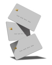 Three Generic Mock Credit Cards With Text Area Are Seen Isolated On A White Background In This 3-d Illustration.
